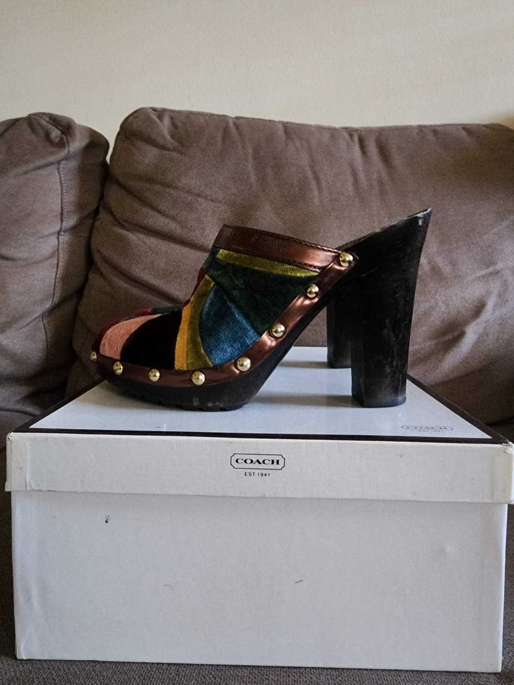 Pre-loved Coach Multicolor Patchwork Velvet Studded Mules - Picture 6 of 11